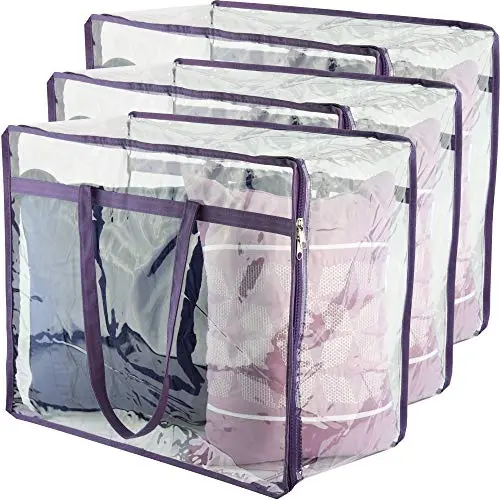 Three purple clear vinyl storage bags with zippers stacked together