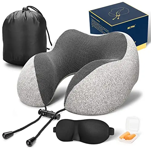 MLVOC grey memory foam travel neck pillow with included sleep mask and bag