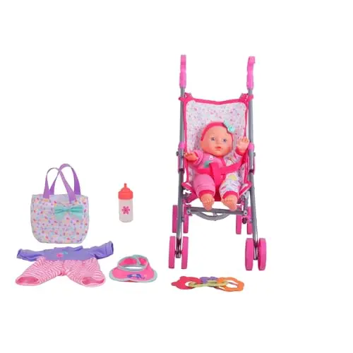 Dream Collection baby doll and umbrella stroller gift set with bottle, rattle, and accessories