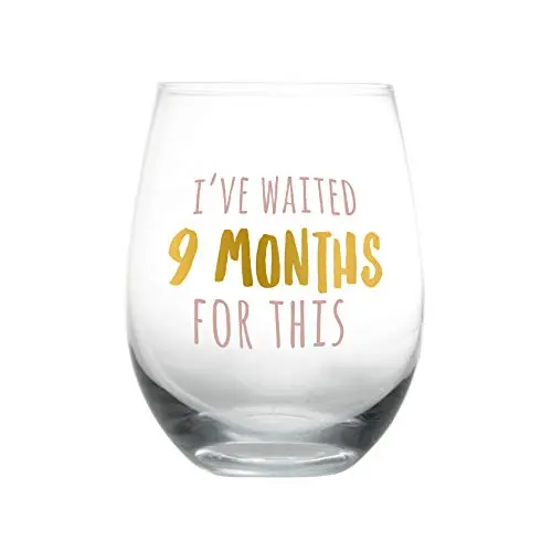 Pearhead stemless wine glass with pink and gold 'I've Waited 9 Months For This' text.