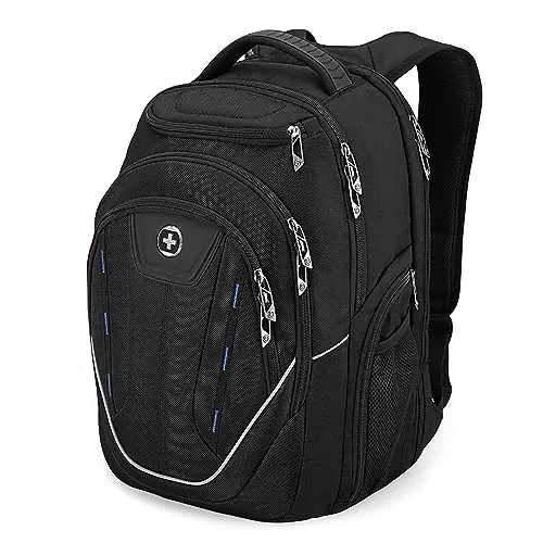 Swissdigital TERABYTE model black backpack open showing multiple internal compartments