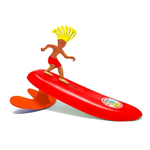 Surfer Dudes wave-powered mini-surfer toy on a beach