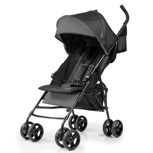 Summer by Ingenuity 3D Mini Convenience Stroller in gray, shown folded and unfolded.