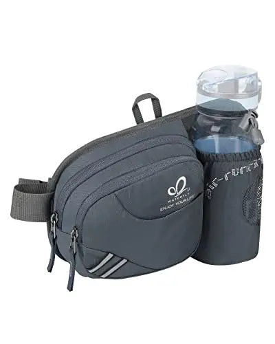 WATERFLY fanny pack in army green with an elastic water bottle holder on the side.