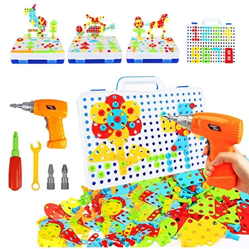 HAPTIME kids electric drill toy with colorful bolts, nuts, and a storage case