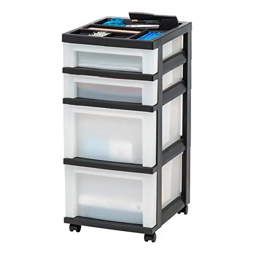 IRIS USA black and pearl plastic rolling storage cart with four drawers