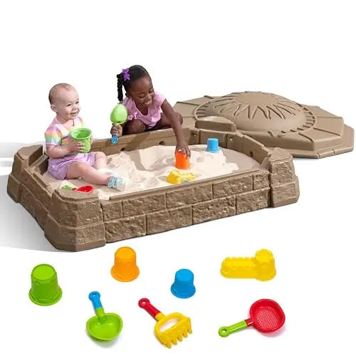 Step2 Naturally Playful Sandbox II showing built-in seats and colorful molded-in roadways on the lid.
