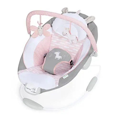 Ingenuity Soothing Baby Bouncer with unicorn-themed toy bar in pink