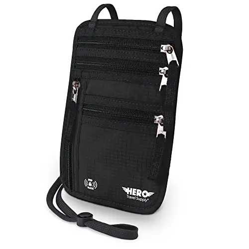 Black HERO neck wallet with multiple zippered compartments, worn around the neck.
