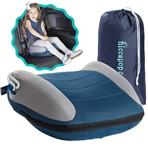Hiccapop UberBoost inflatable travel booster car seat in navy and gray