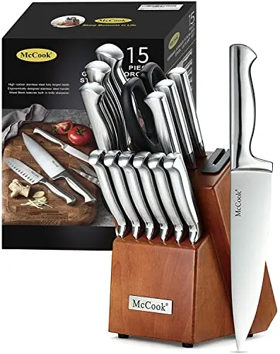 McCook 15-piece German stainless steel knife block set with built-in sharpener