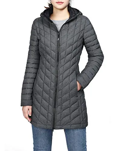 Outdoor Ventures women's long, lightweight puffer coat in a neutral color, packed into a small bag.