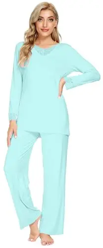 WiWi women's long sleeve pajama set with lace trim in aqua