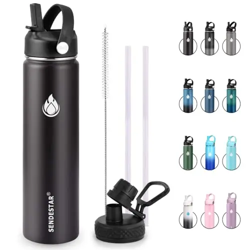 Black double-wall vacuum insulated stainless steel water bottle with two lids