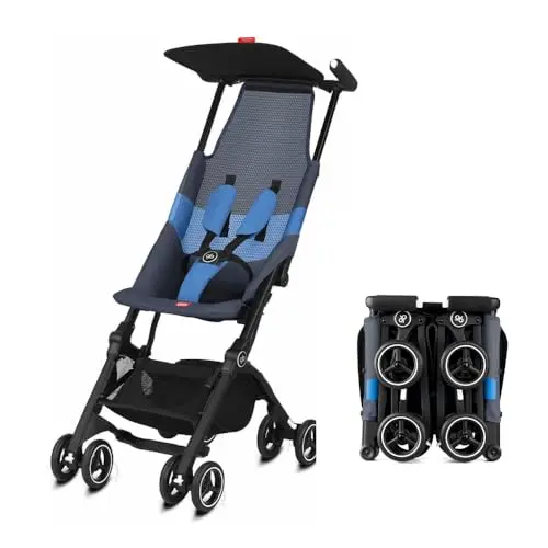 gb Pockit Air All Terrain stroller folded to an incredibly small size next to a travel bag