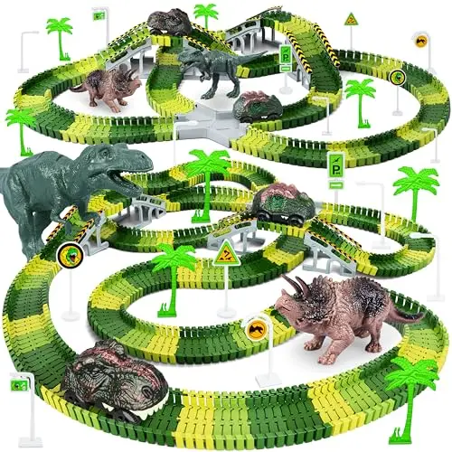 Colorful flexible dinosaur train track set with cars and trees
