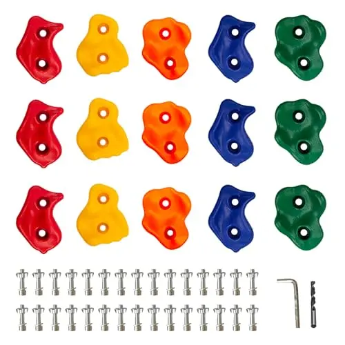 Assortment of colorful pig-nose shaped plastic climbing holds with hardware