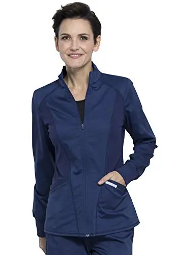 Cherokee women's high-low hem scrub jacket with mesh detail and three pockets.