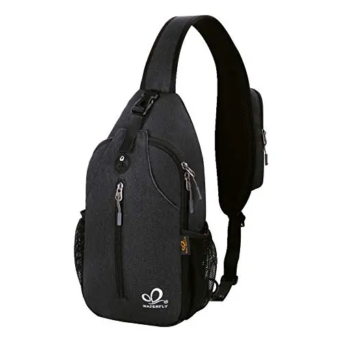 WATERFLY crossbody sling backpack in black, worn on chest