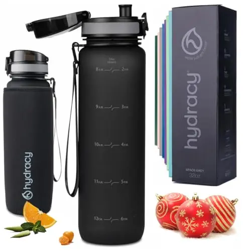Hydracy 32oz water bottle with time marker, neoprene sleeve, and fruit infuser in Space Grey