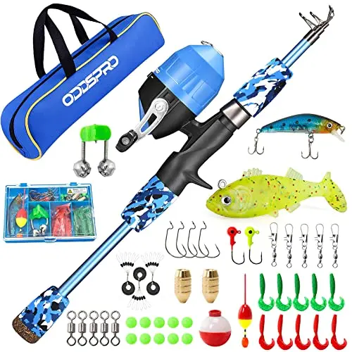 ODDSPRO kids fishing pole and reel combo with tackle box and travel bag