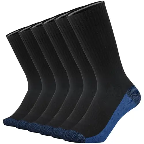 KMM Work Socks in black and blue, showing thick cushioning and crew height.