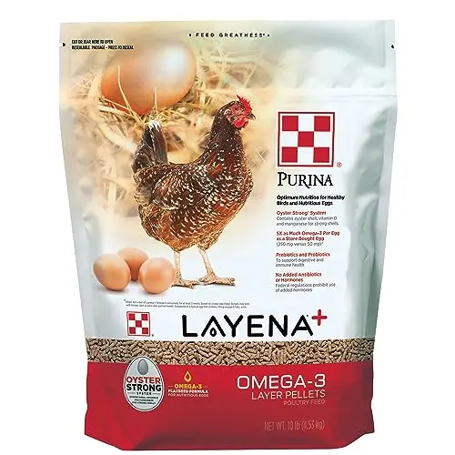 Bag of Purina Layena+ Omega-3 chicken feed