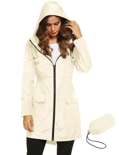LOMON Women's Lightweight Raincoat in Beige, a simple hooded jacket with front pockets.