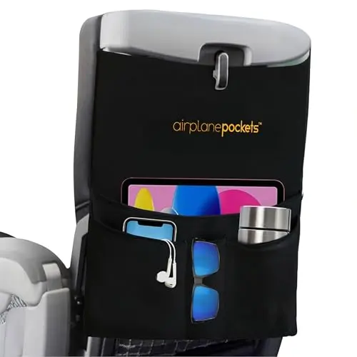 Black Airplane Pockets organizer with expandable pockets attached to a tray table.
