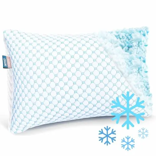Nestl cooling kids pillow with a white, geometric-patterned cover, shown with a cool blue hue.
