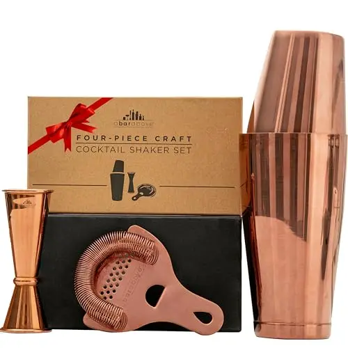 A Bar Above 4-piece copper cocktail shaker set with Boston shaker, strainer, and jigger