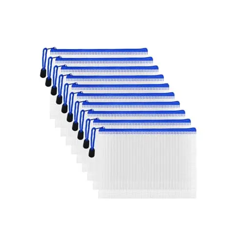 AUSTARK 10-piece set of white and blue B6 size plastic mesh zipper file bags