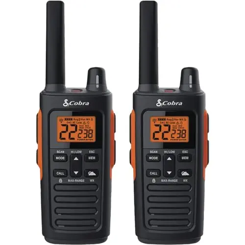Cobra RX680 rugged black and orange walkie talkies with charging dock