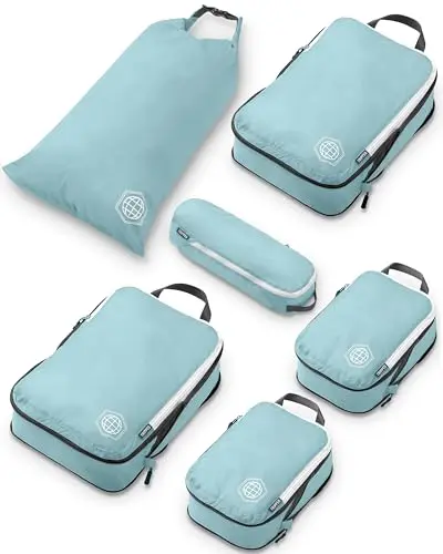 TRIPPED Compression Packing Cubes 6-piece set in Dusty Teal and White