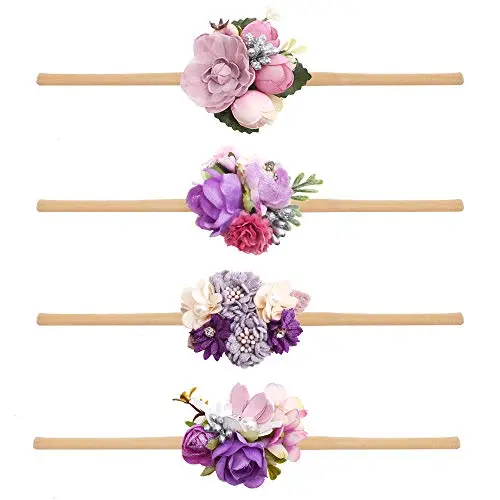 cherrboll 4-piece set of super soft nylon floral headbands for babies