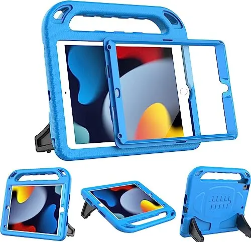 BMOUO Blue kids iPad case with built-in screen protector and kickstand
