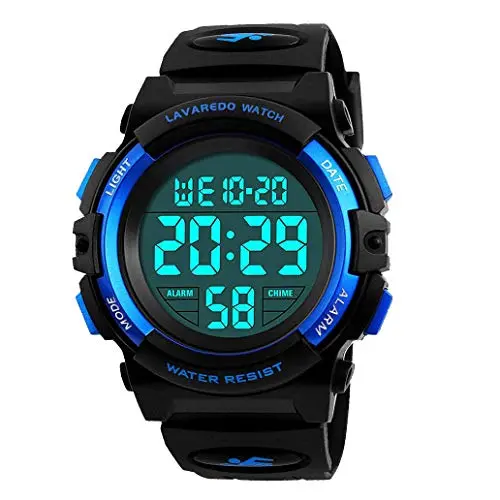 A ALPS black digital sport watch with rubber band on a child's wrist