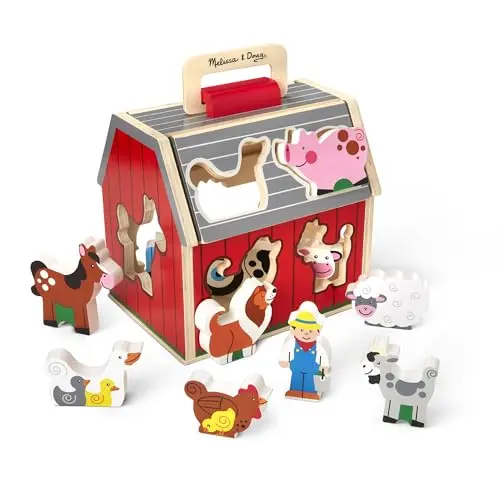 Melissa & Doug portable wooden barn with farm animals and pop-up roof