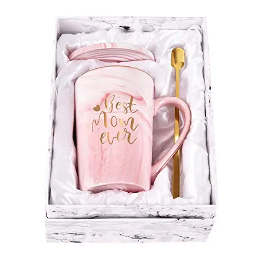 YHRJWN pink marble ceramic mug with gold lettering, presented with a spoon and coaster