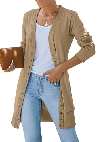 Merokeety women's long sleeve snap button cardigan in khaki