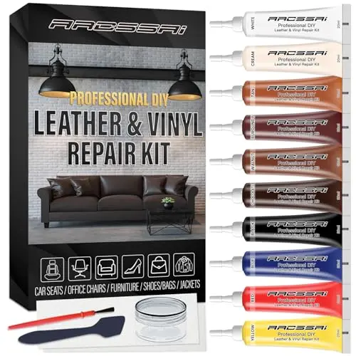 ARCSSAI Leather Repair Kit with multiple color bottles, mixing tray, and applicators