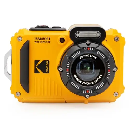 KODAK yellow waterproof rugged camera being used in outdoor adventure setting