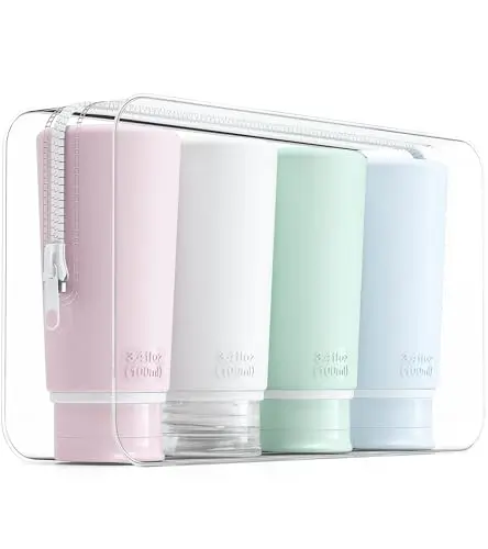 Valourgo 4 pack of vivid pink, white, blue, and green silicone travel bottles