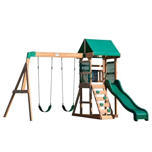 Backyard Discovery small green cedar wood swing set with wave slide, rock wall ladder, and canopy