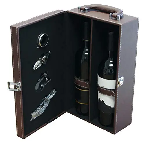 Brown leather two-bottle wine carrier case with a handle, sitting on a table
