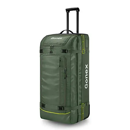 Gonex Olive Green Rolling Duffel Bag with large wheels and multiple pockets