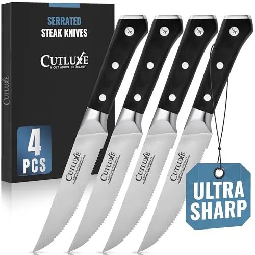 Cutluxe Steak Knives Set of 4 with serrated edge blades