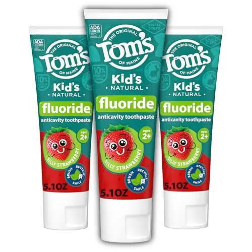 Tom's of Maine ADA Approved Fluoride Kids Toothpaste in Silly Strawberry flavor, three-pack