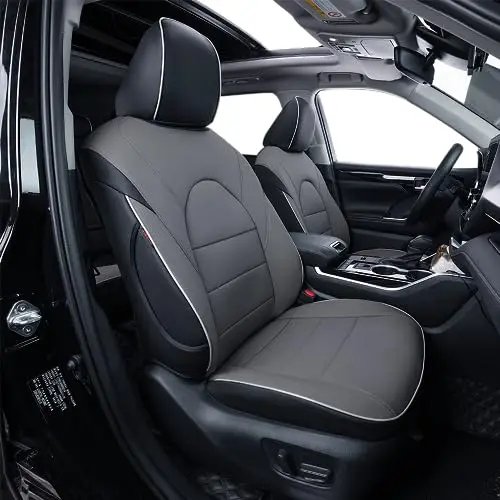 EKR Camry seat covers in black/gray, showing a waterproof leather finish on a sedan interior.