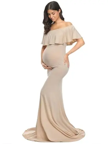 Glampunch off shoulder ruffle maternity gown in beige